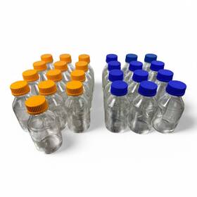 Corning 7075080005699 Lot Of 25 Glass Lab Bottles 500ml Pyrex And Chinese-made Orange Scre