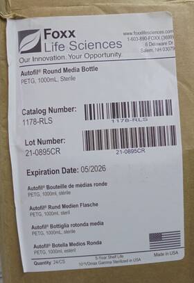 1178-rls Foxx Life Sciences Autofil Round Media Bottle 1000ml Sterile 24/cs