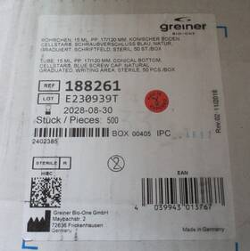 188261 Greiner Case Of 500 Cellstar 15ml Conical Centrifuge Tube Racked Exp 2028