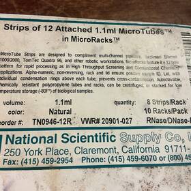 Tn0946-12r National Scientific Supply Strip/12 Attached 1.1ml Microtubes In Microracks