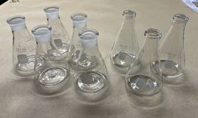 26505 Pyrex Kimax 5020/26505 Lot Of 8 Ts22 Frost Tops 3 All 125ml Flasks Vintage Lab Glass Usa
