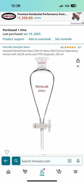Sep-funnel-24 Stonylab Sep-funnel-24/40-1pk-250ml Borosilicate Glass 250 Ml Heavy Wall Conical Separatory Funnel