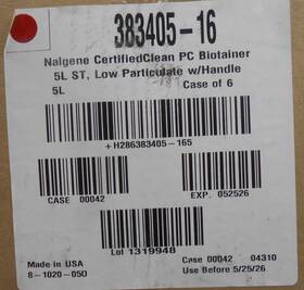 383405-16 Thermo Scientific Nalgene Certifiedclean Pc Biotainer 5l St 6/case
