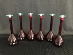 (6) Kimax 500ML Ray-sorb Class Red Glass Tc Volumetric Flask #19 Ptfe Stopper. Fixed Price $224.99.
