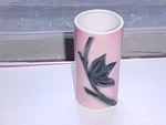 Vintage Royal Copley Pink W/ Black Floral Leaf Cylinder Vase 6 3/4" Tall. Fixed Price $8.99.