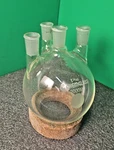 Chemglass Round Bottom, 2000ML, Heavy Wall, Vertical 4-NECK, 24/40 CG-1530-07. Fixed Price $140.00.