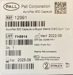 Pall Corporation 0.8/0.2 M Pes Acropak 500 Capsule 12991 Exp 2025-11. Fixed Price $100.00.