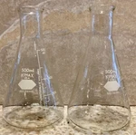 Two Kimble Kimax Erlenmeyer Flasks, Narrow Mouth, Ml #26500-500. Fixed Price $15.00.