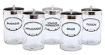 Graham Field Grafco Labeled Flint Glass Sundry Jars W/ Covers All Types 7"X4.25". Fixed Price $15.95.