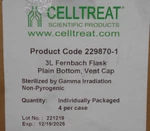 Celltreat 229870-1 3L Fernbach Flask Vent Cap Plain Bottom Sterile Case Of 4. Fixed Price $249.99.