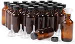 Two Ounce Amber Glass Bottles - 2 Oz, 30 Pack Black Poly Cone Caps & 6 Funnels. Fixed Price $42.99.