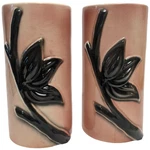 Royal Copley Cylinder Vase Pink Black Lotus Flower 6.5" Set Of 2 Mid Century Vtg. Fixed Price $25.00.