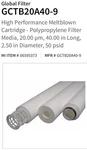 Global Filter GCTB20A40-9 High Performance Meltblown Cartridge. Fixed Price $185.99.