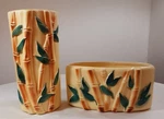 Vintage Royal Copley Set 2 Yellow Bamboo 8" Cylinder Vase 7" Oval Planter Tiki. Fixed Price $32.99.